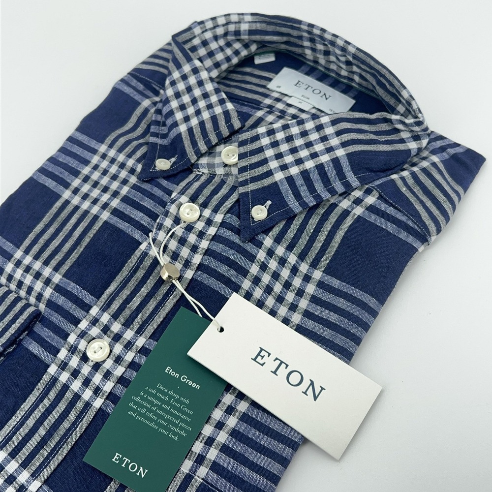 Eton Shirt Mens 15.75 40 Blue White Plaid Linen Slim Fit Button Down Long Sleeve